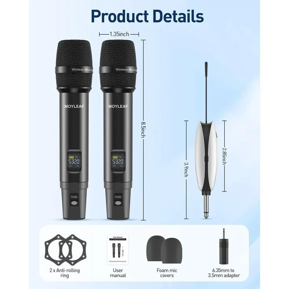 2 Pack Wireless Microphones UHF Metal Dual Handheld Cordless‎ Dynamic 260Ft